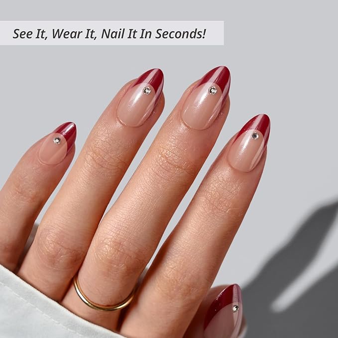 BTArtbox Press On Nails Short - Audrey's Ruby, Red Chrome Almond Light Red French Tip Press On Nails with Glue and Adhesive Tabs for Women, Soft Gel Glue On Nails in 16 Sizes - 32 Stick On Nails Kit