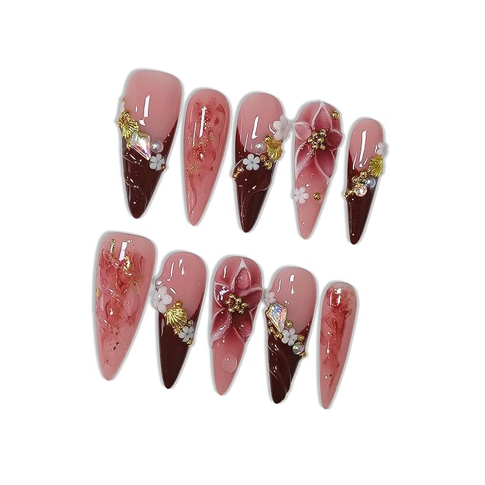 Blush French Tip Press on Nails with 3D Floral Carving, Pearls & Rhinestones, Long Stiletto Glossy Iced Soft Glam Fake Nails, Reusable Elegant False Nails for Women Special Occasion (Size L) ﻿