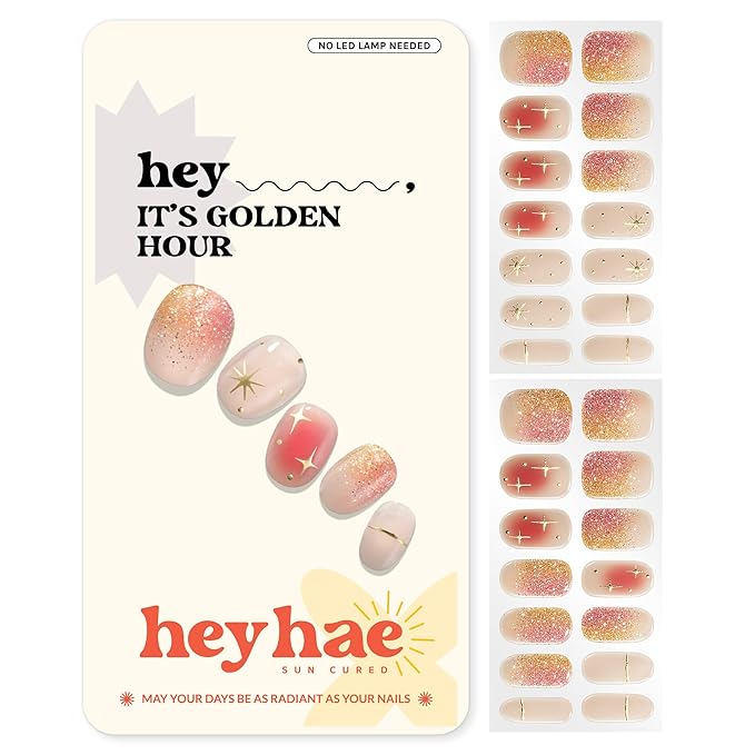 Heyhae Semi Cured Gel Nail Strips | No LED Lamp Needed | Ombre, Gold, Spring | Easy Apply & Remove, Salon Quality | Includes 28 Strips, 1 Prep Pads, Nail File & Wooden Stick - Hey, It's Golden Hour