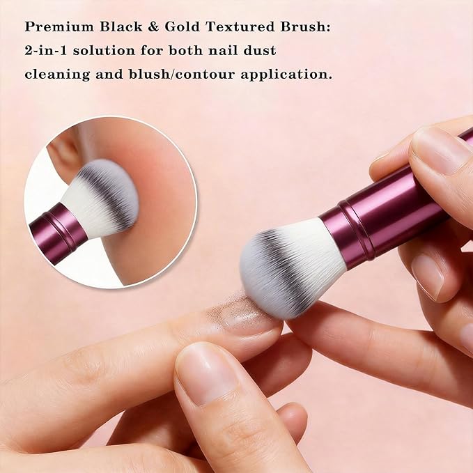 WOKOTO 2 PCS 2-in-1 Retractable Brushes - Nail Art Dust Remover for Acrylic Nails, Round & Angled Makeup Brushes for Foundation & Cream, Burgundy Handle Dust Brush, Travel-Friendly Aluminum Tube