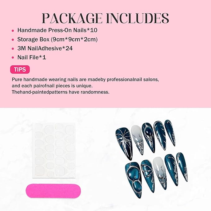 Handmade Long Press on Nails - blue Cat's Eye Full Cover Fake Nails Glossy Almond False Nails with Embossed Swirl Design Acrylic Nails P ress ons Luxury Reusable Stick on Nail for Women 10Pcs(Size M)