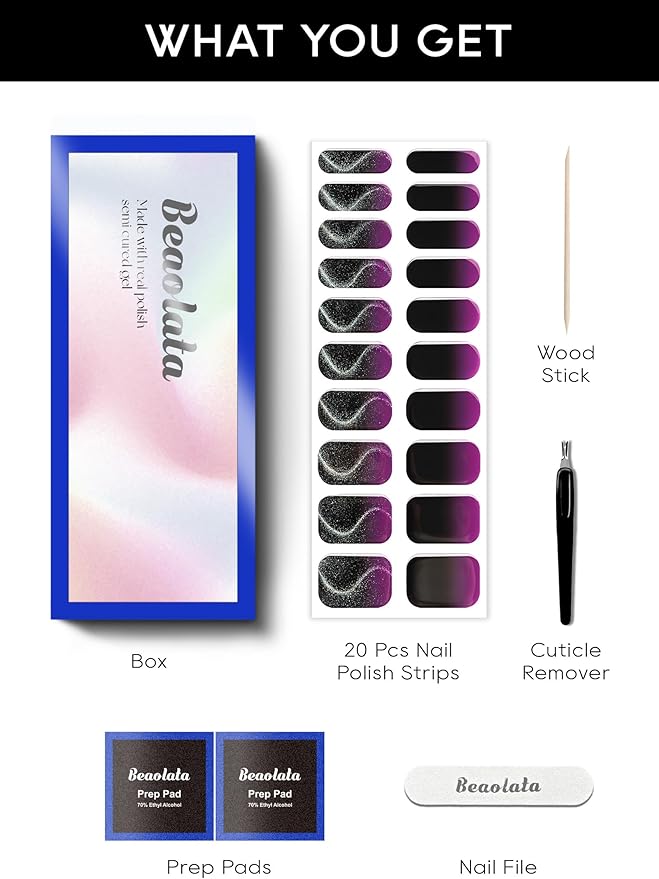 Semi Cured Gel Nail Strips - UV Light Gel Nail Stickers - 20 Long Lasting Salon Quality Wraps (Amethyst Purple)