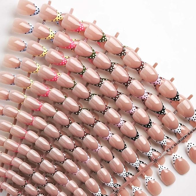 Polka Dot Press on Nails Short Almond Fake Nails 9 Colors French Tip Nails Press ons with Design Reusable Artificial Nail in 12 Sizes Full Cover Stick on Nails for Women Manicure Decorations 216Pcs