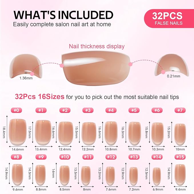 Press on Nails - Findigit Press on Nail Short, Supremely Fit Natural Stick On Nails,Soft Gel Fake Nails in 16 Sizes - 32 PCS Glue On Nail Kit, Caramel