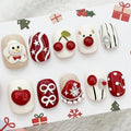 Handmade Press on Nails Short Oval with 3D Festive Design, Kawaii Reindeer & Snowman Holiday Set - Winter White Red Base Cute Multi-Layer Gel False Nails (Cute Snowman,M)