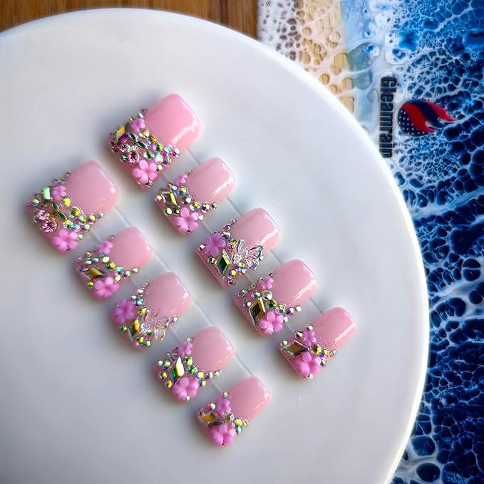 Pink Press on Nails Handmade Duck Fake Nails Pink with Rhinestones and 3d Butterfly and Flower Design Elegant for Women 10pcs M Size Pattern 1104