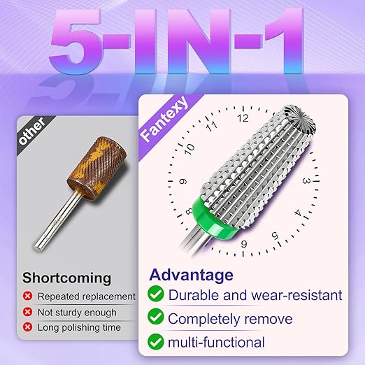 FANTEXY 3/32" Carbide Nail Drill Bits - 5 in 1 Cuticle Drill Bits for Nails, Gel Remover Drills Bit, Professional Nails File Bits for Old Skin and Nails, Manicure Pedicure Gel Polishing (Coarse - C)