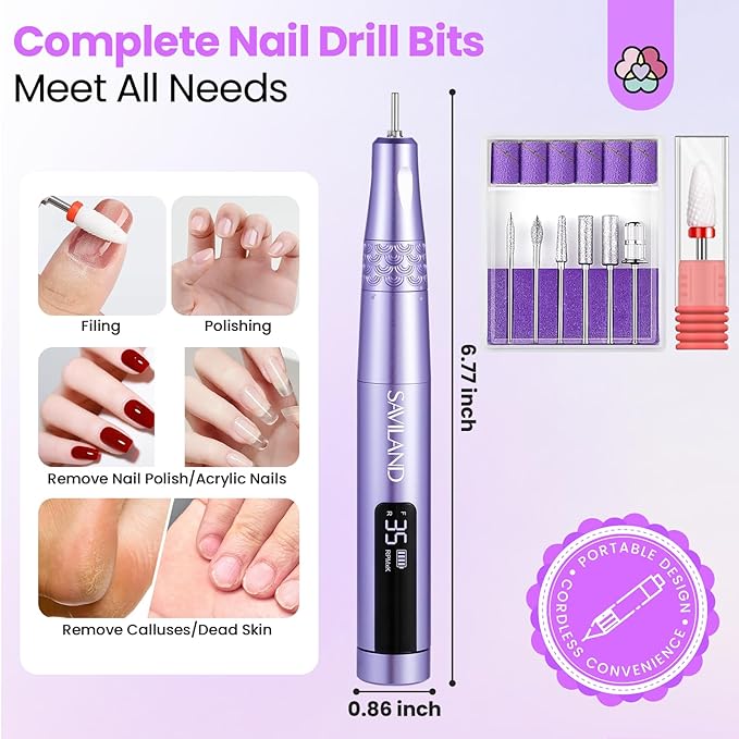 SAVILAND Electric Nail Drill: 35000RPM Cordless Electric Nail File Portable Nail Drill Professional 0 Vibration Hight Speed for 3 Mins Removal Acrylic for Manicure Pedicure Nail Salon at Home（Purple）
