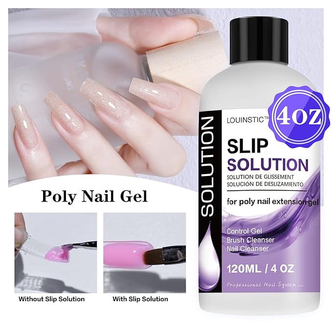 LOUINSTIC Slip Solution for Poly Extension Gel - 4oz, Professional Nail Extension Gel Anti-Stick Liquid, Cleanable Nail Brush Cleaner, Easy to Use, Beginner-Friendly