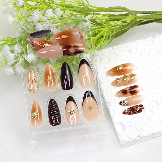 French Tips Press on Nails Medium Almond Fake Nails with Chrome 3D Star Gold Pearl Designs Brown Gradient Nude Glossy Acrylic Nail Fall Winter Stick on Nail for Women 24 Pcs