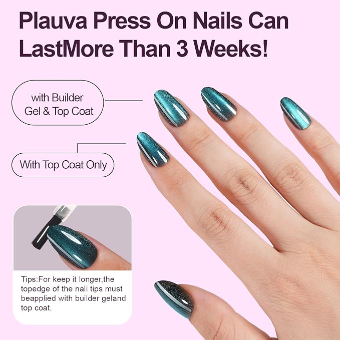 150Pcs Cat Eye Press on Nails, Plauva Short Oval Cat Eye Nail Tips, Glossy Glitter Fake Nails, Soft Gel Stick On Nails for Women and Girls 15 Sizes