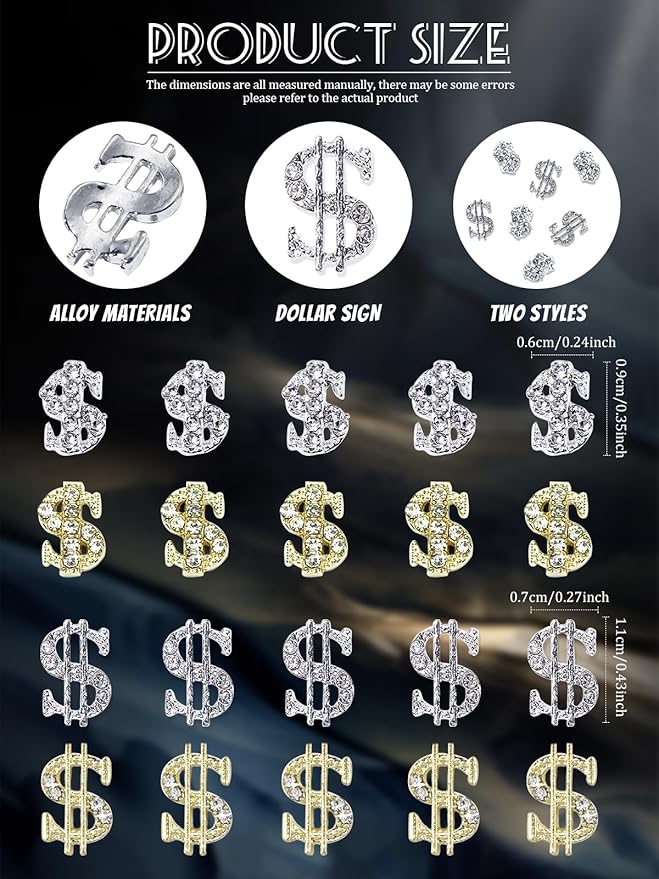 20Pcs Money Dollar Nail Charms, Wsimily 3D Silver Gold Alloy Dollar Rhinestones Nail Art Charms Shiny Money Sign Crystal Nail Decorations for Women Girls Nail Art Craft Jewelry DIY