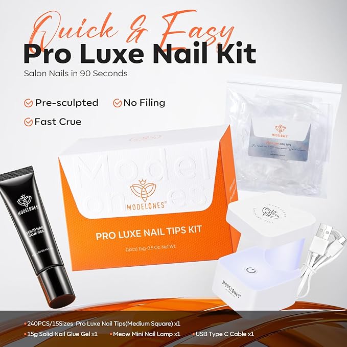 modelones X Nail Gel Kit Almond, 15Sizes Instant Apex False Nail Tips Solid Glue & Mini U/V Lamp, 240Pcs Medium Almond Pre-Building Thick Acrylic Press on Tips LED Light Extension Kit Women Gift