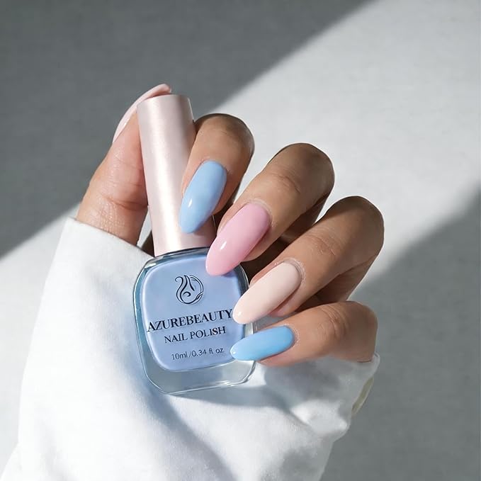 AZUREBEAUTY Nail Polish Set, 4 Colors Pastel Spring Macarons Pink Blue Green Yellow Quick Dry Natural Easter Gift Fingernail Lacquer Strengthening Kit with Top Coat DIY Salon at Home