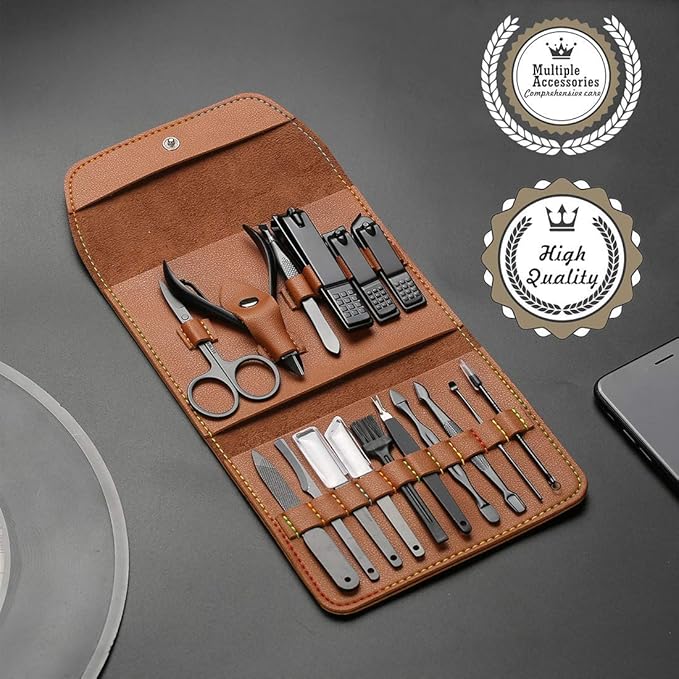 Gifts for Men/Women, Stainless Steel Manicure Set with PU leather case, Personal care tool (brown)