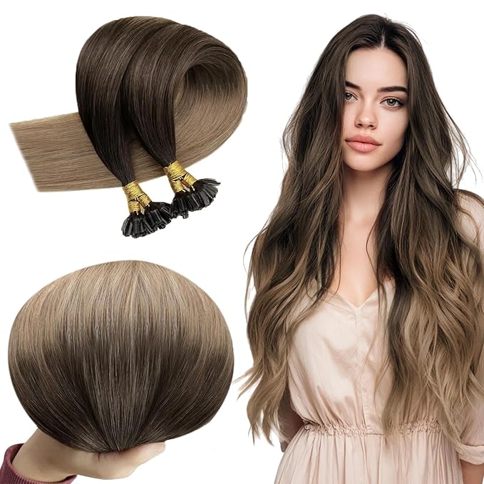 RUNATURE U Tip Hair Extensions Real Human Hair, Balayage Brown K Tip Human Hair Extensions, Hot Fusion Pre Bonded Natural Hair, Easy to Maintain, Soft Texture 18 Inch 50g 50s #2/6/18