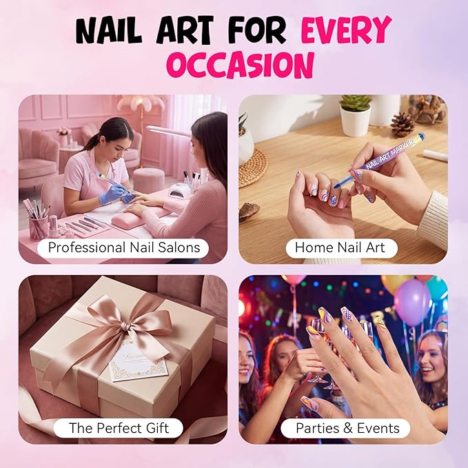 12 Colors Nail Art Pens Set, 0.7mm 3D Nail Polish Pens, Quick Dry, Long Lasting & Waterproof Acrylic Nail Art Markers, Home & Salon Nail DIY, Parties Events, Gift for Valentine’s Day