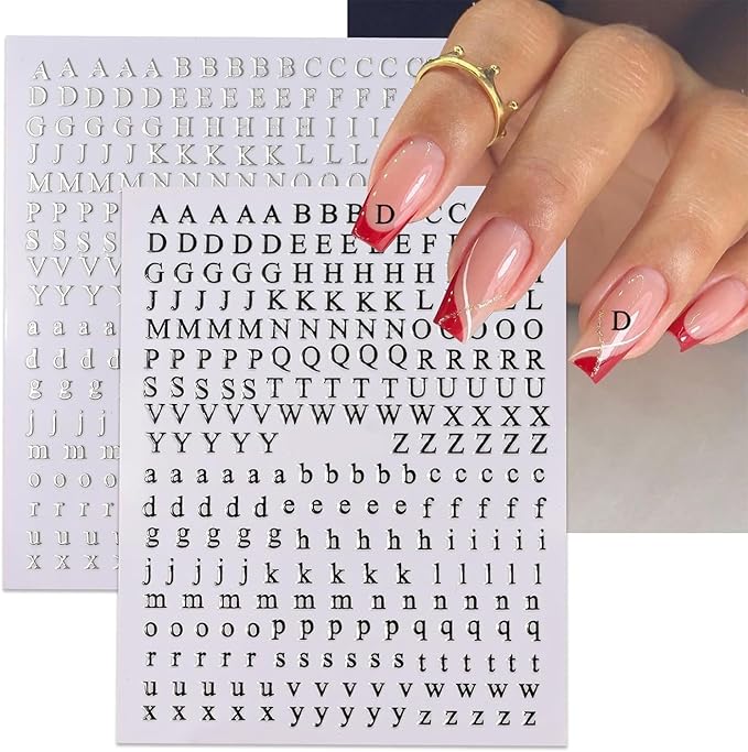 Letters Nail Art Stickers English Alphabet Nail Decals 3D Self-Adhesive Metallic Gold Silver Nail Sticker Black White Letter Nail Art Supplies for Women Girls DIY Pegatinas Uñas Manicure 8 Sheets…