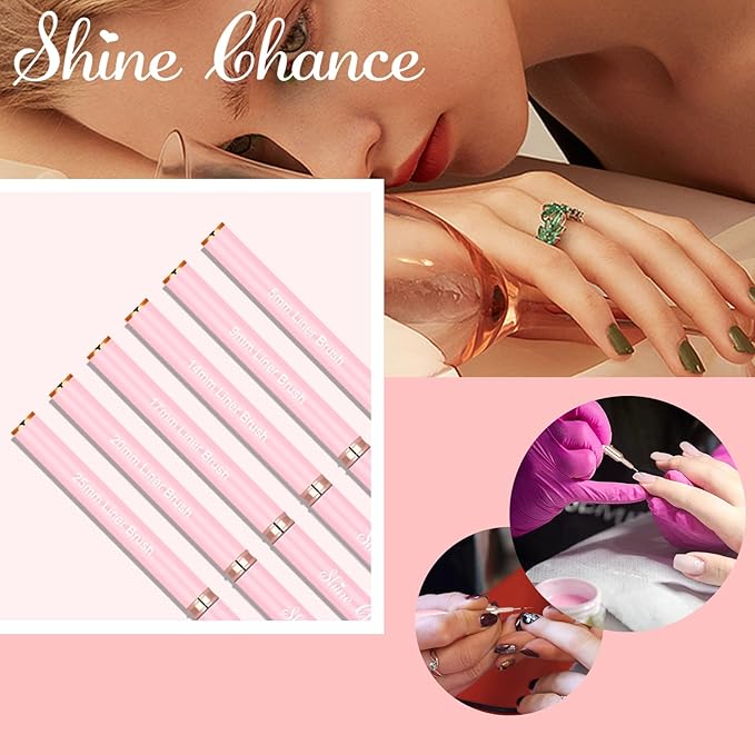 Shince Chance Nail Art Liner Brushes, 6pc Set - Fine Drawing, Small Details, Stripping Painting, Acrylic Nail Art Design Tools, Pink