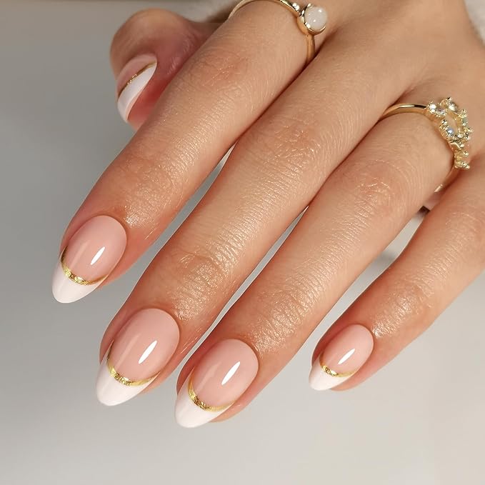 White French Tip Press on Nails with Gold Line Design - Soft Gel Almond Press on Nails Short for Women, Glossy Glue on Nails with Glue in 16 Sizes - 32 Reusable Fake Nails, Gold Ribbon