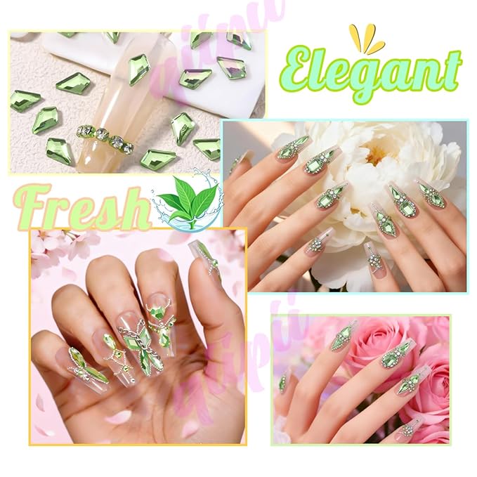 2052Pcs Light Green Nail Rhinestones Grass Green Nail Charms Multi Shapes Crystal Flatback Rhinestones Gems Round Beads Glass Stones Diamonds Jewels Art for Nails Faces Eyes Makeup DIY Crafts
