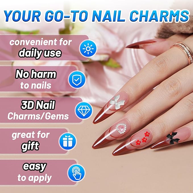 3D Nail Charms and Gems with Bows, Hearts, Rose, Flowers Pearls and More Than 500 Rhinestones for Nails Design, Cute Y2K 3D Nail Decorations