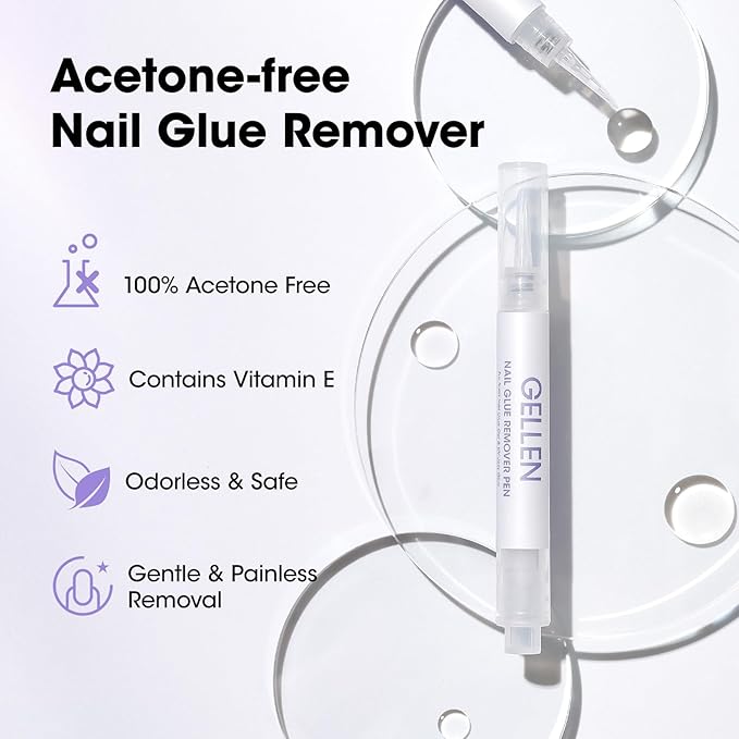 Gellen Nail Glue Remover, 2 Pcs Nail Glue Remover for Press on Nails, Non Acetone Gel Glue Off Remover, 10s Quick Remove for Nail Tips Fake Nails Solid Glue Gel