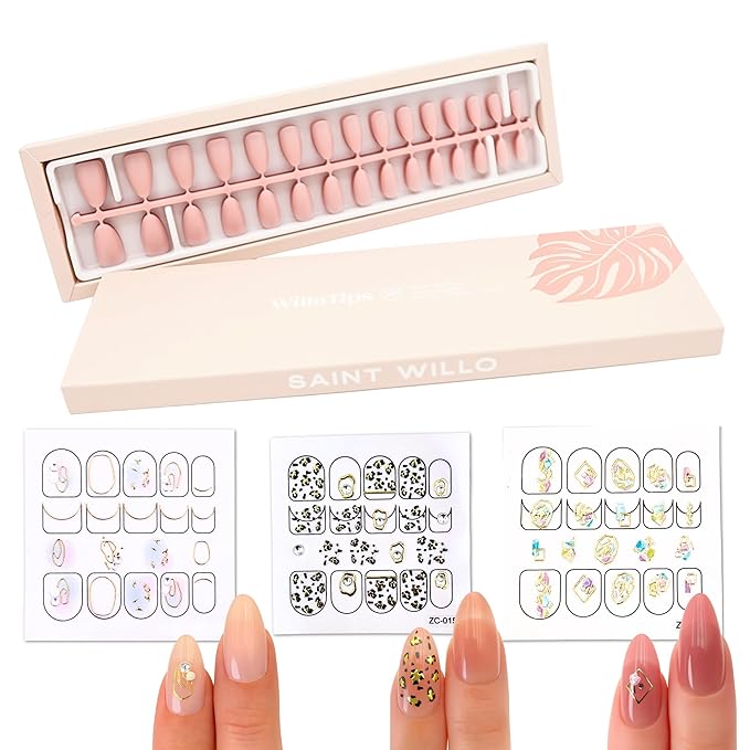 WilloTips Soft Gel Press-On Nail Tips – Medium Almond | 3 Nude Shades, 15 Sizes per Set | Gel-X Nail Extension Style, Tips-Only Refill Pack + Nail Art Sticker Sheets (No Glue, No Lamp)