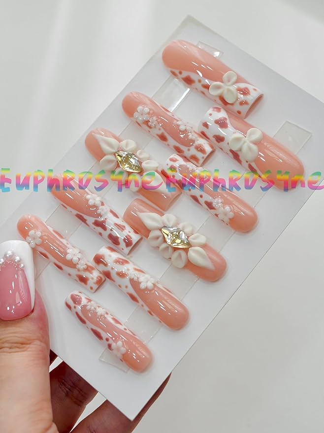 Euphrosyne Long White & Pink Press On Nails – 10pcs Square Fake Nails with 3D Flowers, Hearts & Leopard Print | Trendy Stick-On Nail Art for Women & Girls, Party or Everyday Look