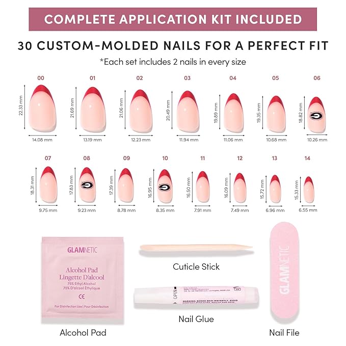 Glamnetic x Fanatics Press On Nails - Georgia Bulldogs | Short Almond Fake Nails, Collegiate Bulldogs Red French Tips, College Nails, Salon-Quality | 15 Sizes - 30 Nail Kit with Glue