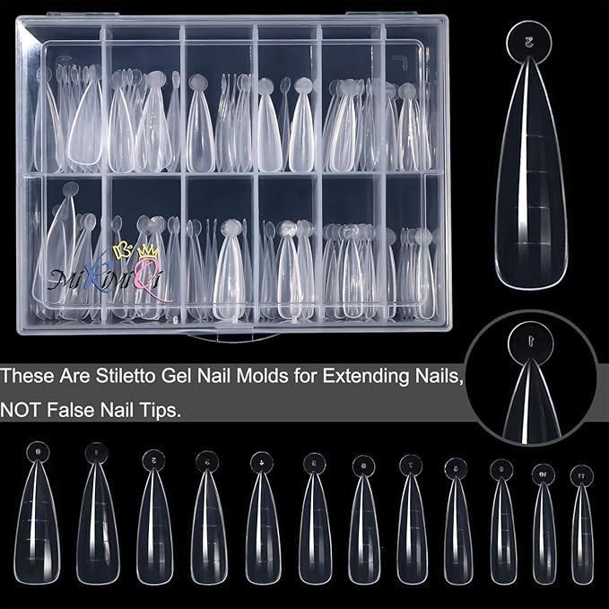 Dual Nail Forms Set Poly Gel Quick Building Nail Kit, 120Pcs Stiletto Gel Nail Molds with 10Pcs Acrylic Nail Tips Clips 1Pc Dual-Ended Poly Extension Gel Brush Nail File for Polygel Extension