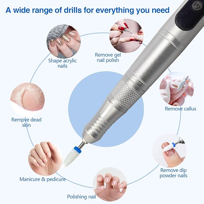 Cordless Nail Drill Set, Rechargeable & Adjustable Speeds Nail Drill Machine, Portable Nail File for Acrylic Gel Dip Powder Nails, Manicure Pedicure Tools Polishing Set for Beginner Silver
