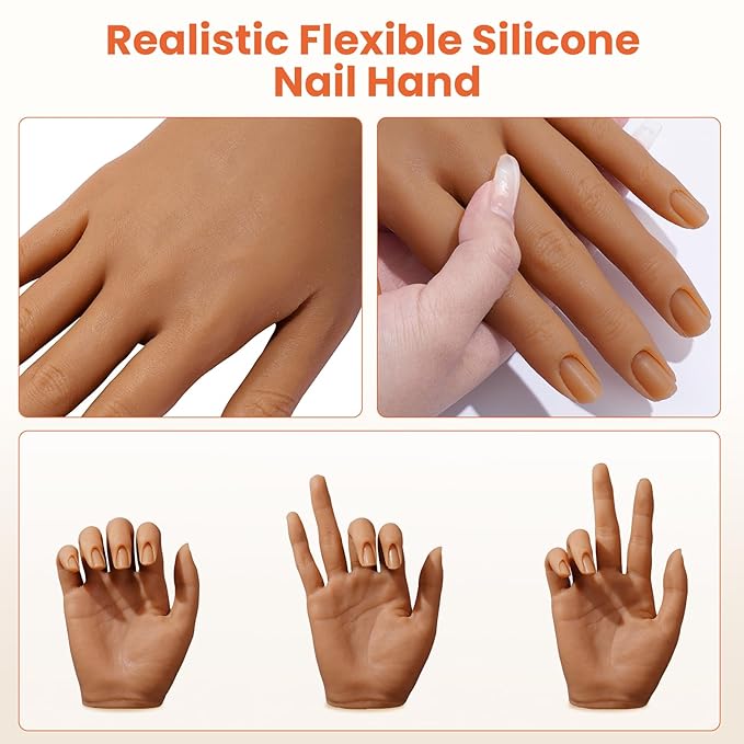 Practice Hand for Acrylic Nails: Silicone Nail Hand Practice with Gold Rings - Flexible Fake Hand Mannequin Nail Hand Kit for Beginners (Brown)