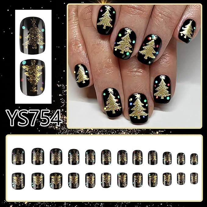 Christmas Press on Nails Short Square Fake Nails with Gold Glitter Christmas Trees Designs Black Xmas False Nail Winter Stick on Nail for Women 24 Pcs