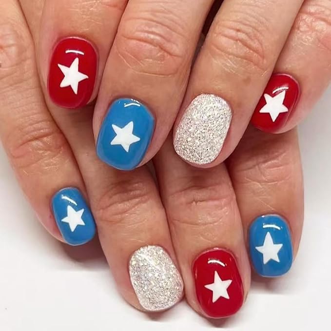 Independence Day Press on Nails Short Square Fake Nails with White Star Designs Full Cover Blue Red False Nails Glossy Glitter Acrylic Nail 4th of July Glue on Nail for Women Girls Manicure 24Pcs