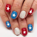 Independence Day Press on Nails Short Square Fake Nails with White Star Designs Full Cover Blue Red False Nails Glossy Glitter Acrylic Nail 4th of July Glue on Nail for Women Girls Manicure 24Pcs