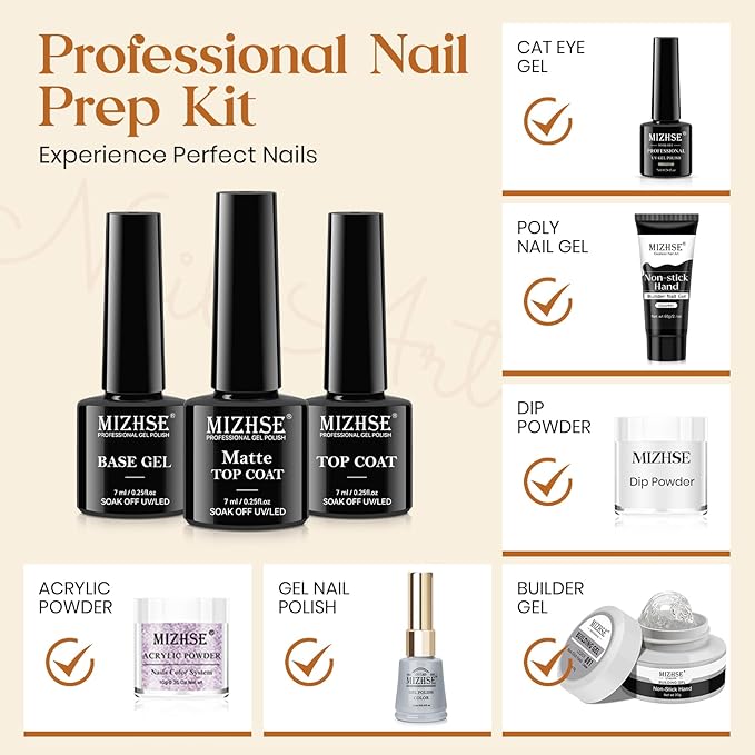 MIZHSE Base and Top Coat Set for Gel Nail Polish, Matte & Shiny No Wipe Top Coat, Long Lasting Salon Quality High Gloss Soak Off Nail Art Manicure Home