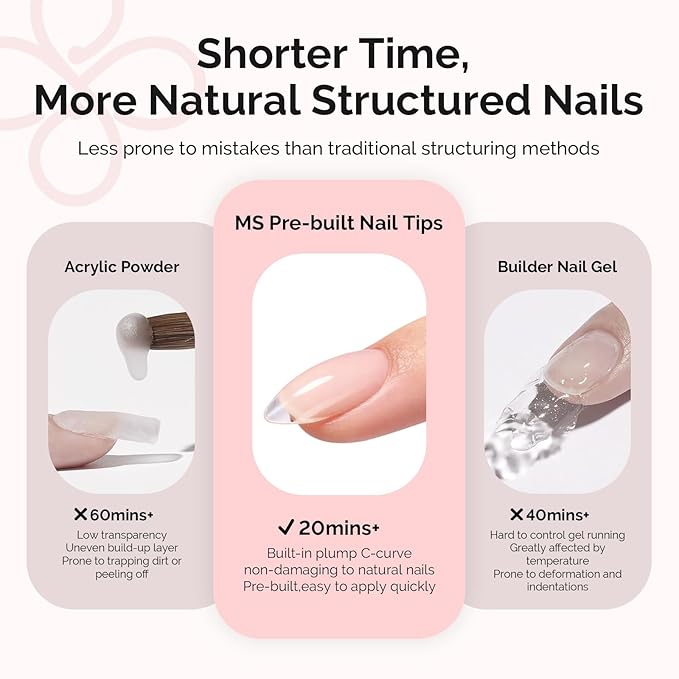 MelodySusie Short Almond Gel Nail Tips Kit-300Pcs Pre-Building Apex Fake Nail Tips 20g Solid Nail Glue Gel,Half Matte Full Cover Clear Acrylic Nail,15Sizes Thick Strong Long Lasting for Home DIY&Salon