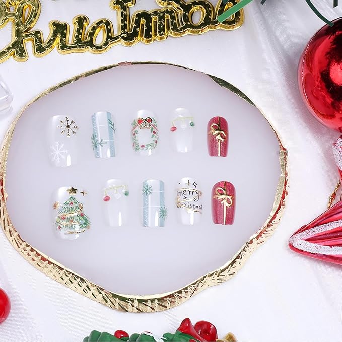 30Pcs Christmas Press on Nails Short Square Fake Nails Xmas Trees Garland False Nails with 3D Gold Snowflake Gems Gift Ball Design glitter Glue on Nails Full Cover Artificial Stick on Nail for Women