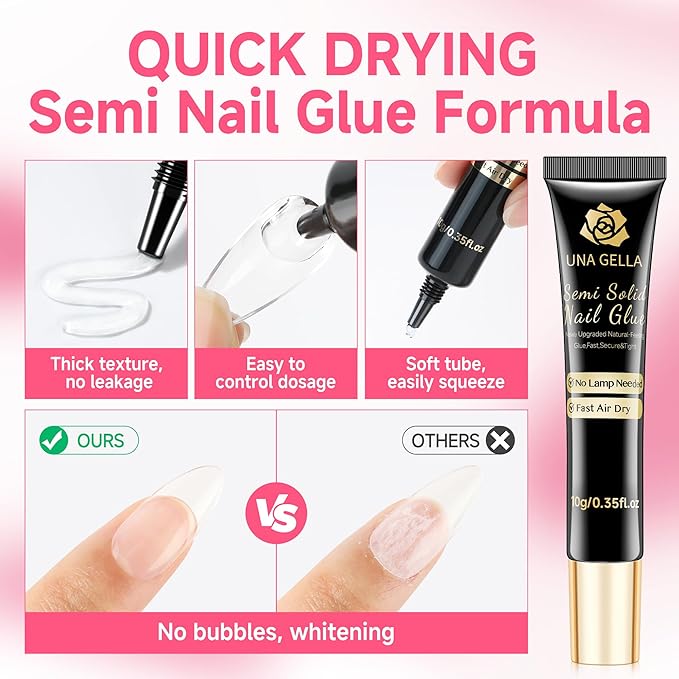UNA GELLA No Lamp Need Solid Nail Glue for Press Ons: Nails Acrylic Nails Super Strong Semi Nail Glue Gel Fast Curing 10ml*2pcs Long Lasting Gel Glue Kit