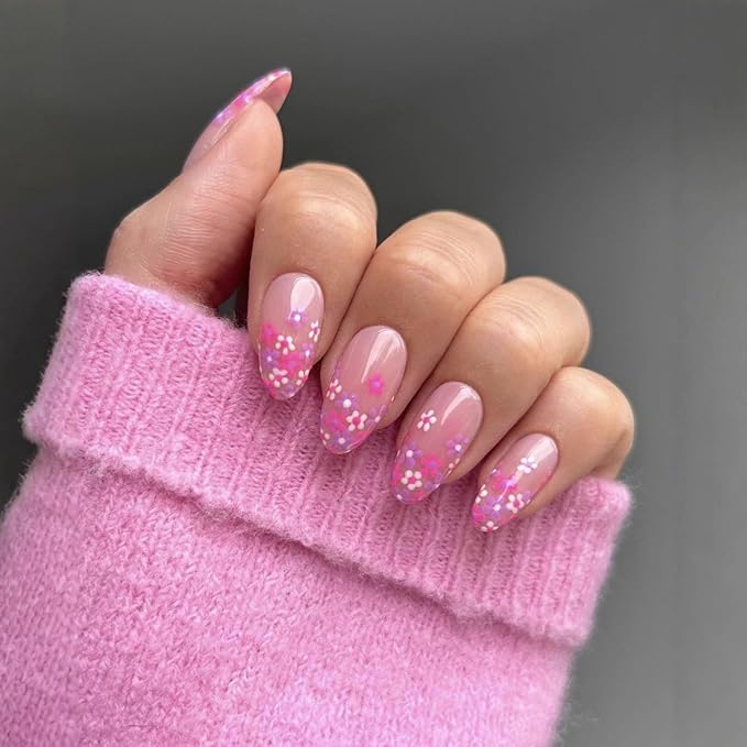 24Pcs Pink Flower Press on Nails Almond Shaped Fake Nails Nude Pink Full Cover with Designs Stick on Nails Medium Glossy False Nails Spring Glue on Nail for Women Manicure Art Kit