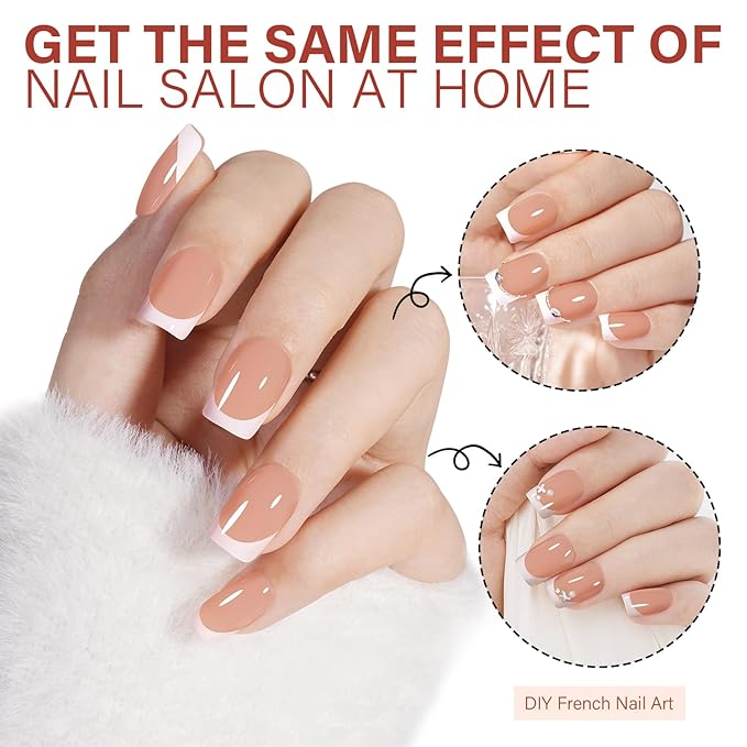 AILLSA French Gel Nail Tips, 192 Pcs Short French Tip Press On Nails Brown, Pre-Applied Primer & Base Coat, No Need File, French Nails Tips Square, Fake Nails with Designs DIY for Women Gift 16 Sizes