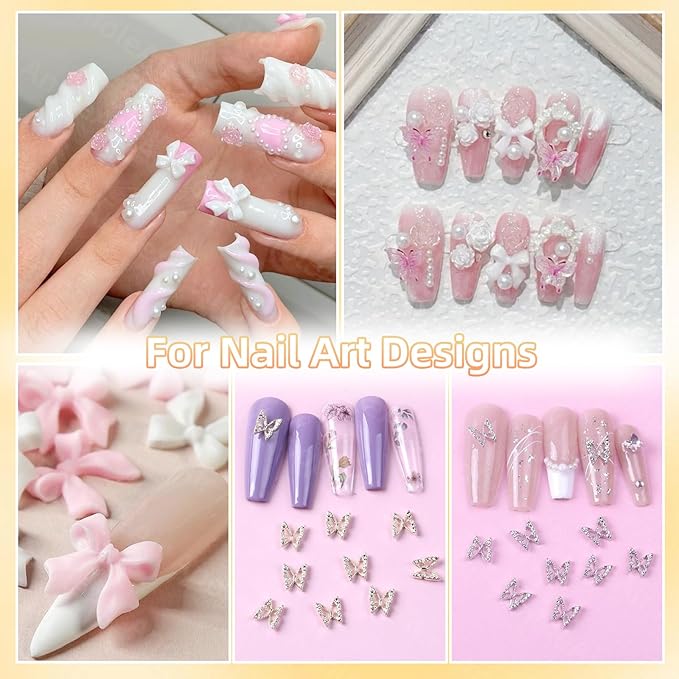 Assorted Junk Case Charms Kit, 3D Nail Charms and Flatback Pearls Gems Set, Gold Silver Nail Butterfly, Flower Bows 3D Nail Charms and Gems, Charms for Nails Design for Nail Art DIY with Pickup Tools
