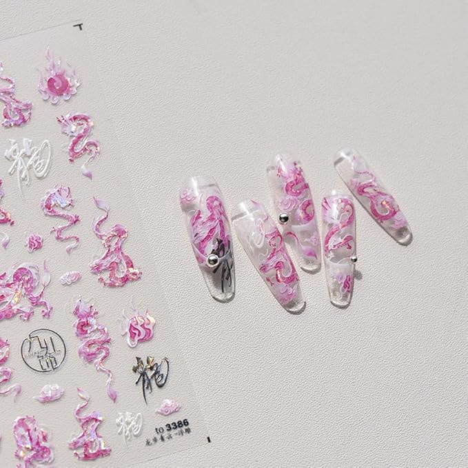 2Sheets Dragon Nail Art Stickers Blue Pink Chinese Totem Character Acrylic Nail Decals for New Year Spring Festival Cool Design Nails Supplies (A Style)