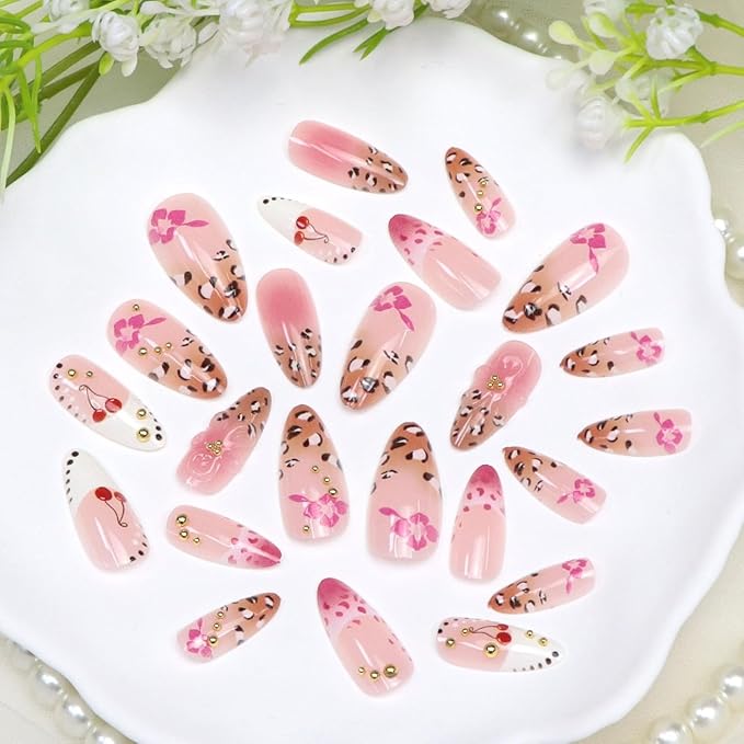 French Tips Press on Nails Almond Medium Fake Nails with 3D Flower Gold Pearl Leopard Fruit Designs Cute Nails Press ons Pink Brown White Acrylic Nail Fall Spring Summer Stick on Nail for Women 24Pcs