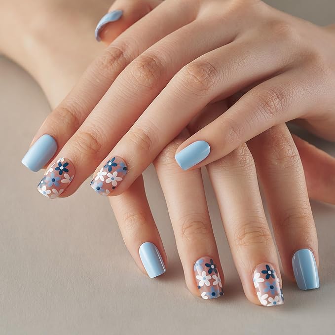 Curvlife Press On Nails Acrylic False Nails Kit with Glue, File & Adhesive Tabs - Azure Blue Flower, 30pcs