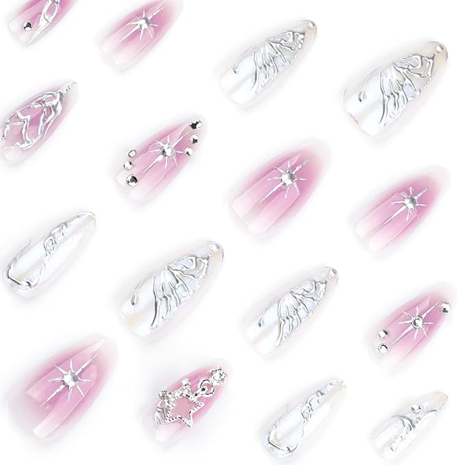 Almond Press on Nails Medium Length Fake Nails with 3D Butterfly Designs Purple Gradient False Nails Full Cover Glue on Nails Sliver Stripe Fake Nails for Women and Girls 24Pcs