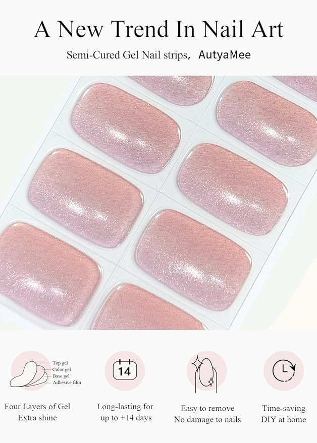 Semi Cured Gel Nail Strips (Nude Pink Cat Eye), Light-Chasing, 20 Pcs Gel Nail Wraps, Stickers, Works with Any UV Lamps