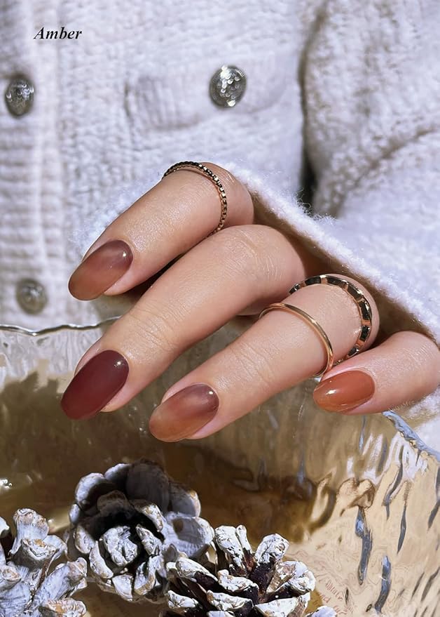 Semi Cured Gel Nail Strips (Amber), Brown, 20 Pcs Gel Nail Wraps, Stickers, Fall, Salon Quality, Works with Any UV Lamps