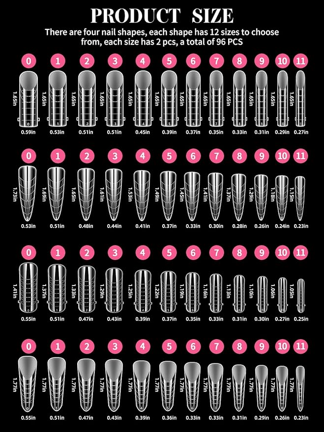 EBANKU Clear Matte Poly Gel Nail Forms 4 Styles, 96PCS Dual Nail Forms Full Cover Nail Mold Tips Acrylic Nail Extension Tools 12 Sizes Scale for Poly Gel Nail Art Salon Nails Design